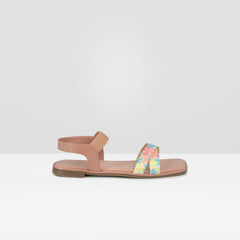 Women's Peach Floral Graphic Flat Slide Sandals with Ankle Strap