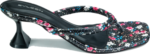 WOMENS BLACK FLORAL PRINT HEEL CHAPPALS