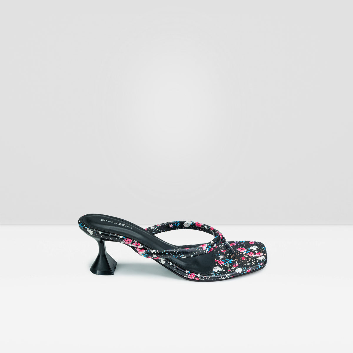 WOMENS BLACK FLORAL PRINT HEEL CHAPPALS