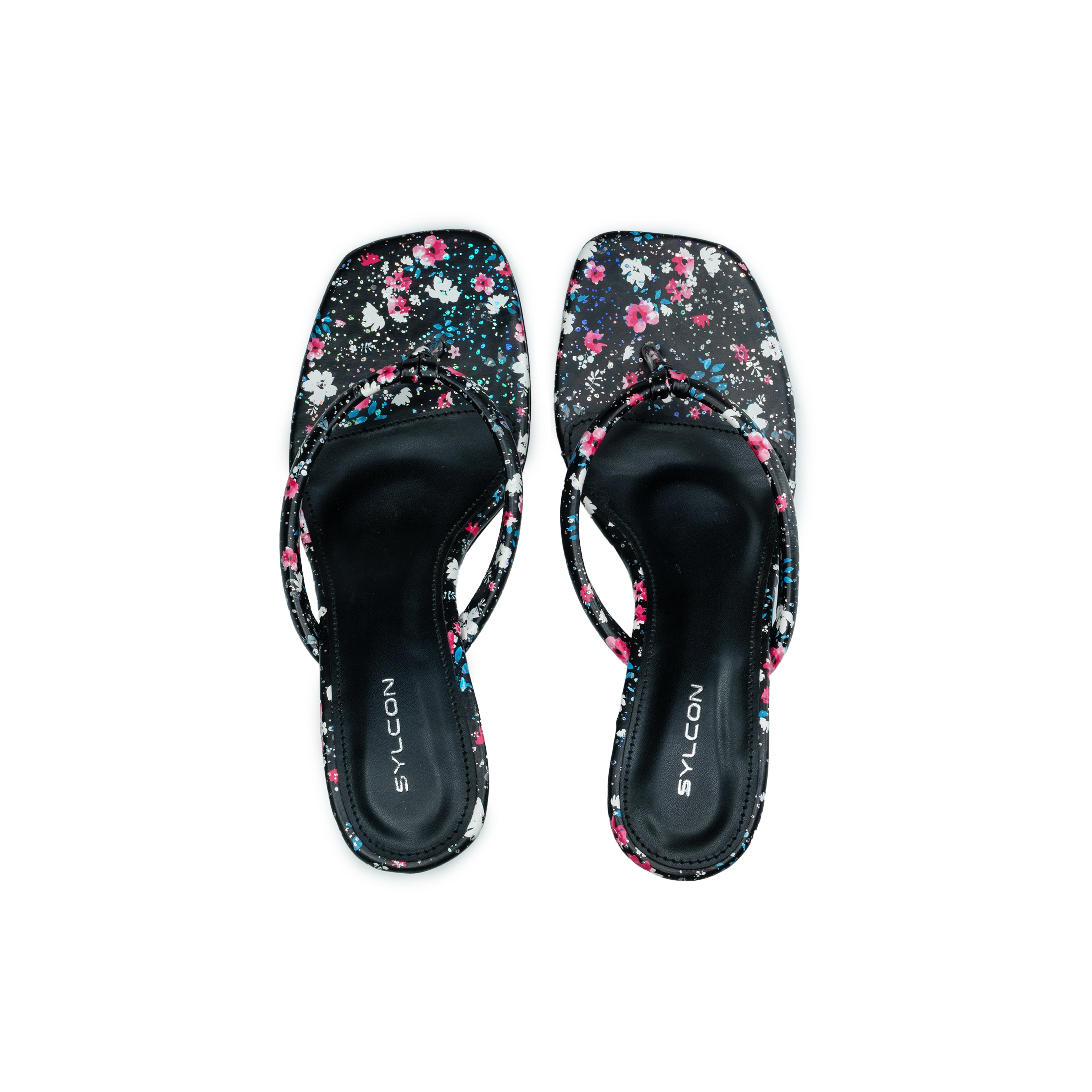 WOMENS BLACK FLORAL PRINT HEEL CHAPPALS