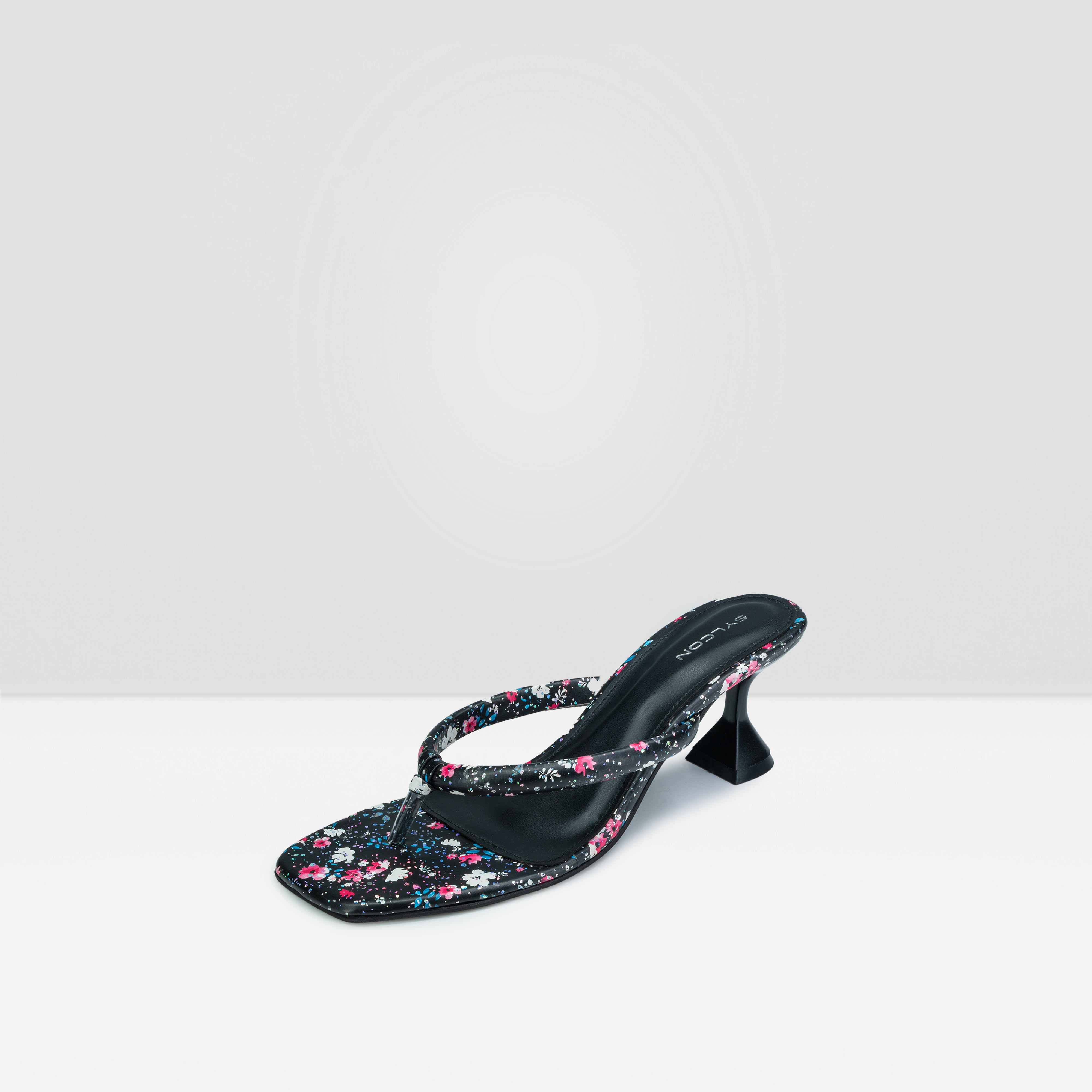 WOMENS BLACK FLORAL PRINT HEEL CHAPPALS