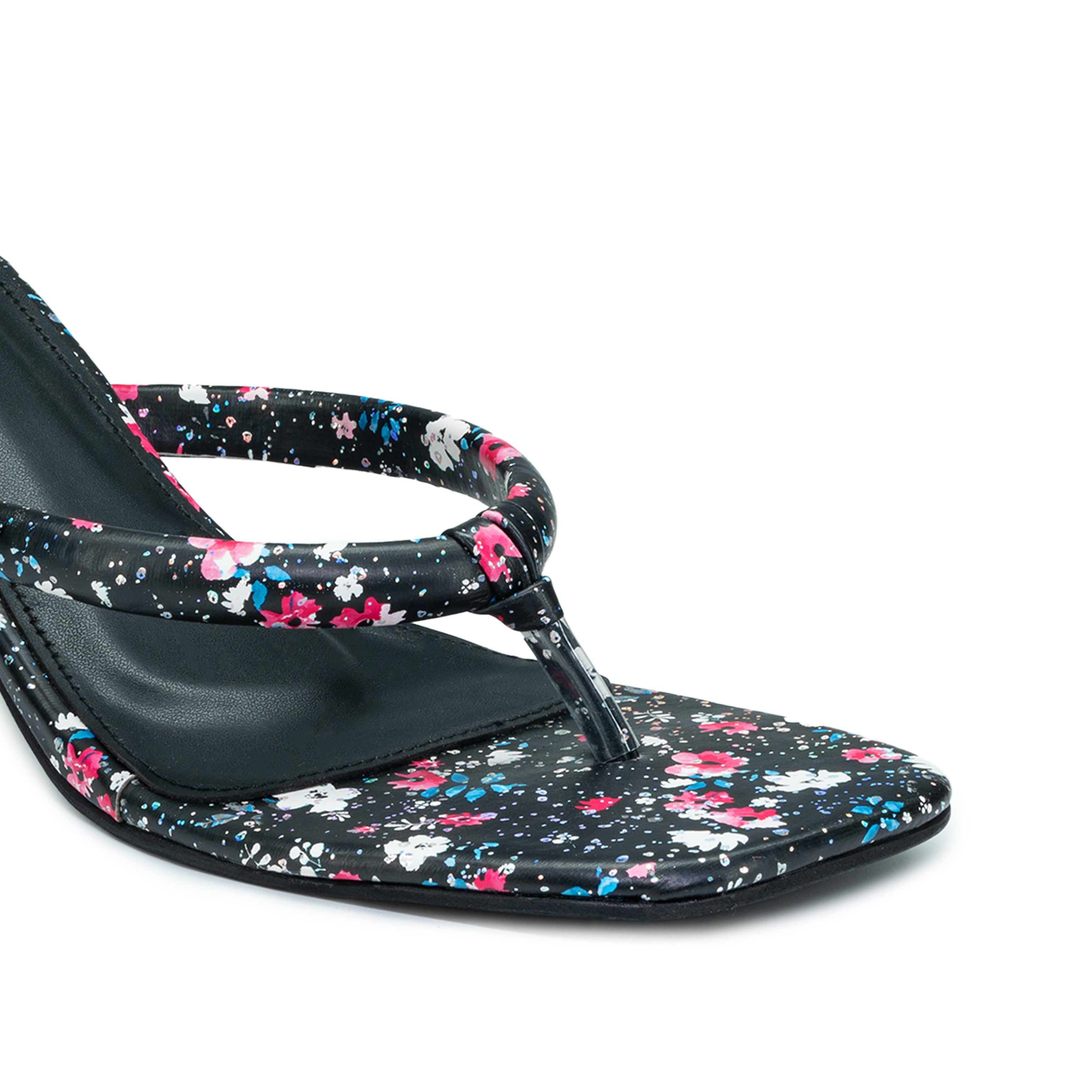 WOMENS BLACK FLORAL PRINT HEEL CHAPPALS