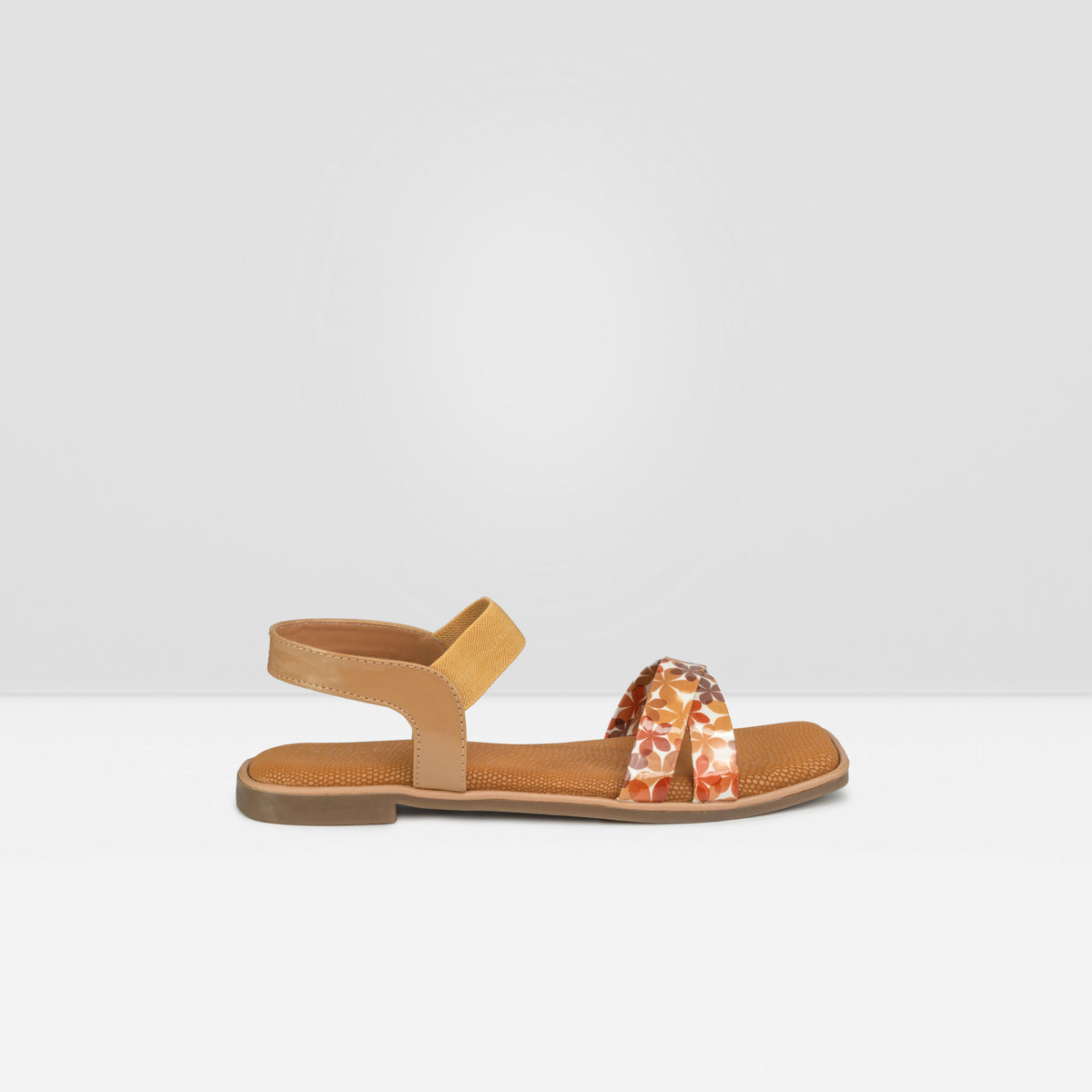 Women's Tan Floral Graphic Flat Slide Sandals with Ankle Strap