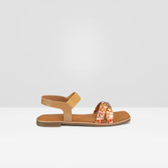 Women's Tan Floral Graphic Flat Slide Sandals with Ankle Strap