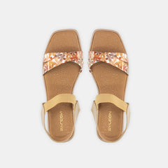 Women's Tan Floral Graphic Flat Slide Sandals with Ankle Strap