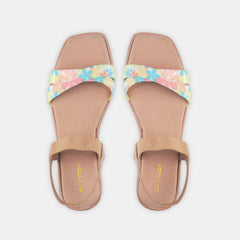 Women's Peach Floral Graphic Flat Slide Sandals with Ankle Strap