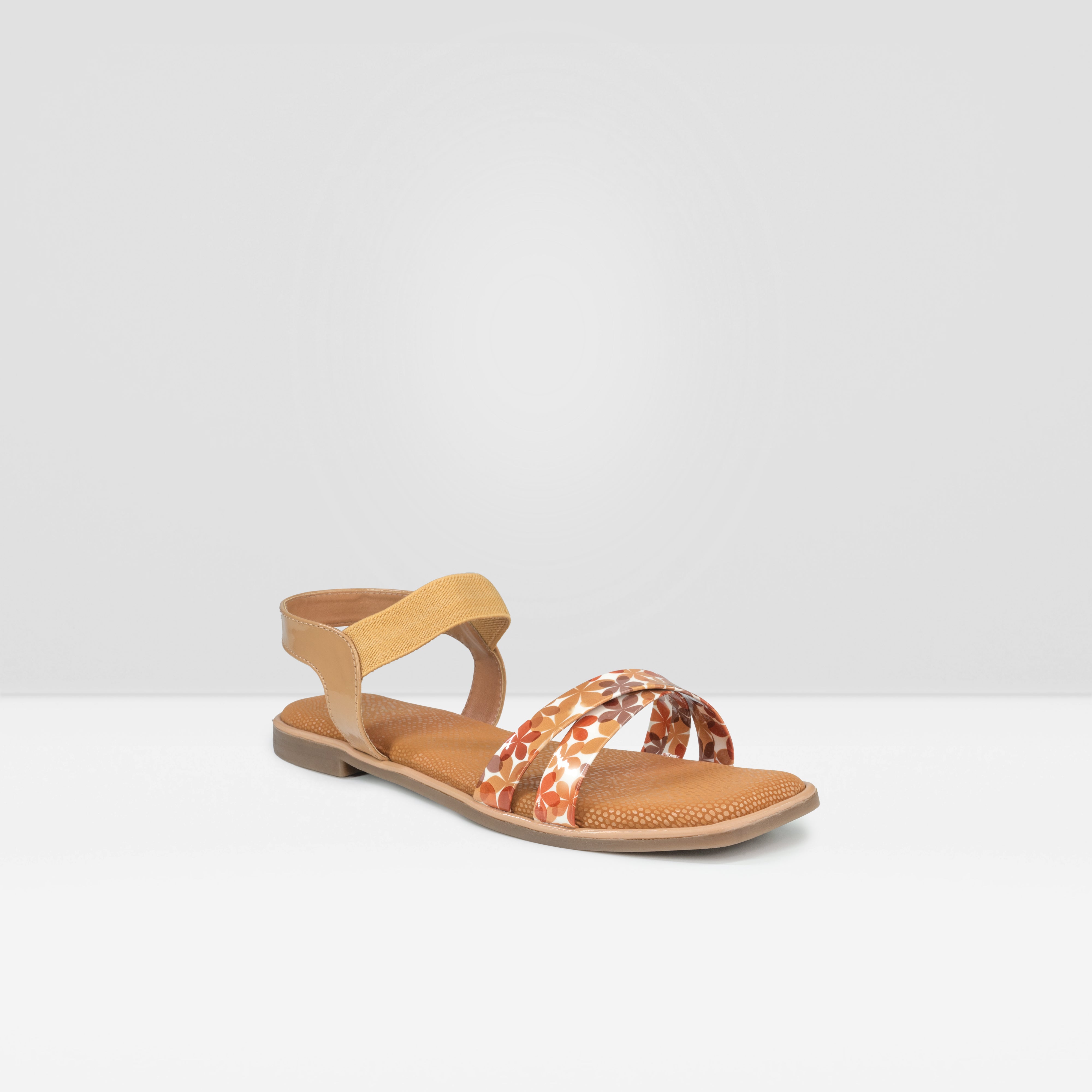 Women's Tan Floral Graphic Flat Slide Sandals with Ankle Strap