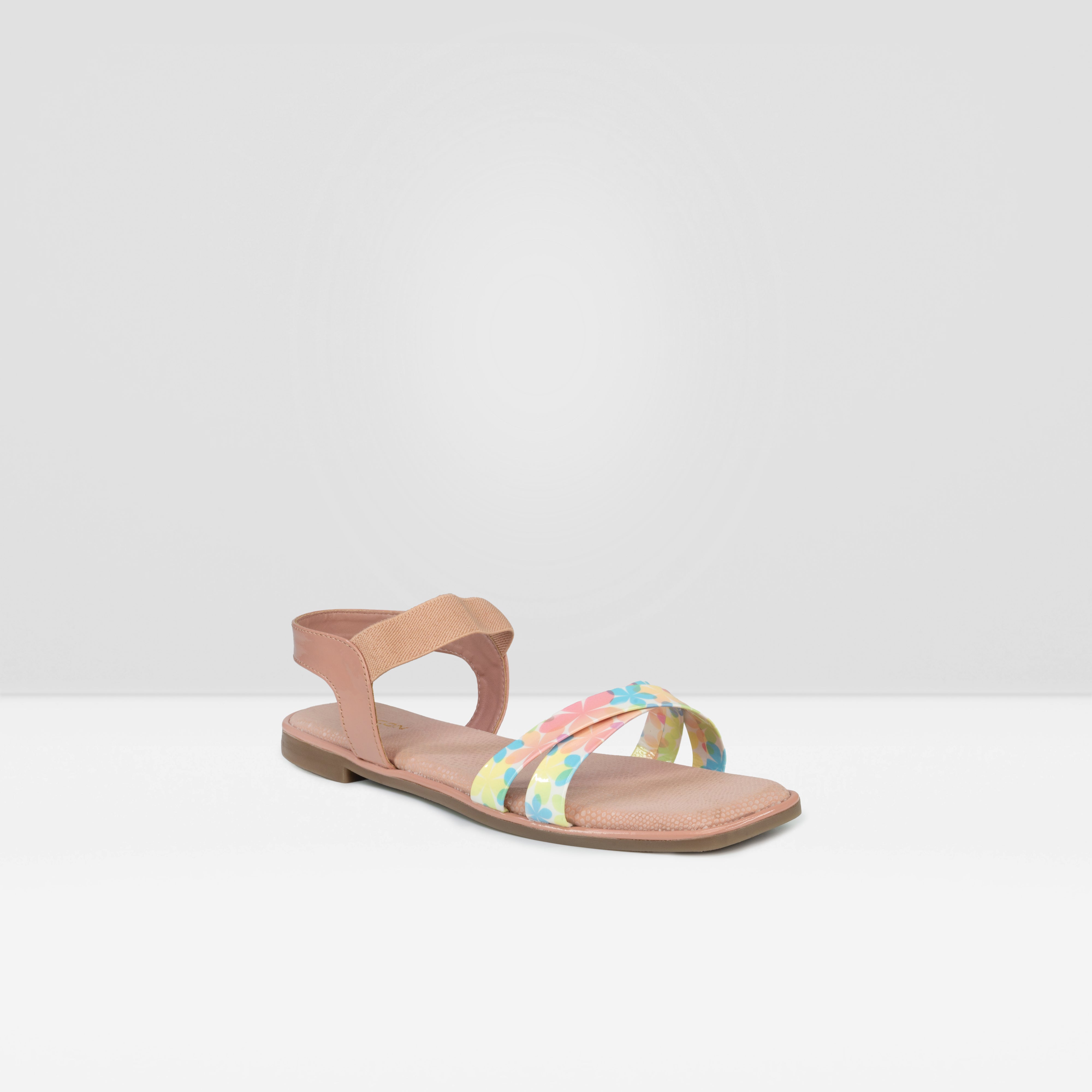 Women's Peach Floral Graphic Flat Slide Sandals with Ankle Strap